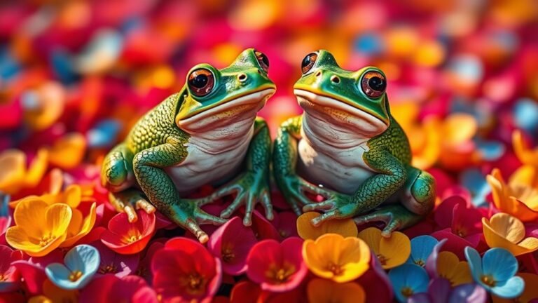 frogs on colorful flowers