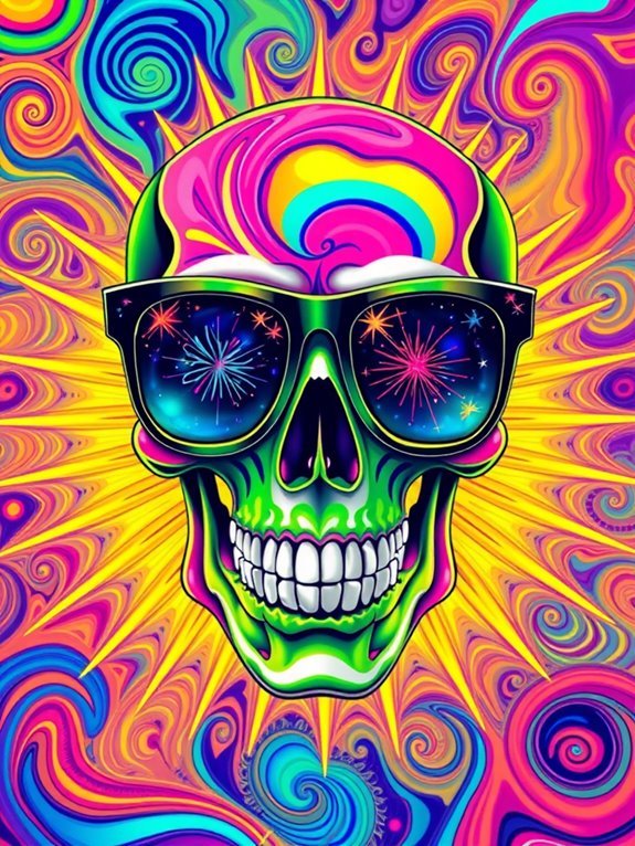 10 Funky Ideas for Drawing a Skull With Glasses and a Cool Smile vibrant surreal color burst